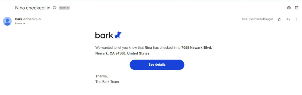 Bark check-in email alert